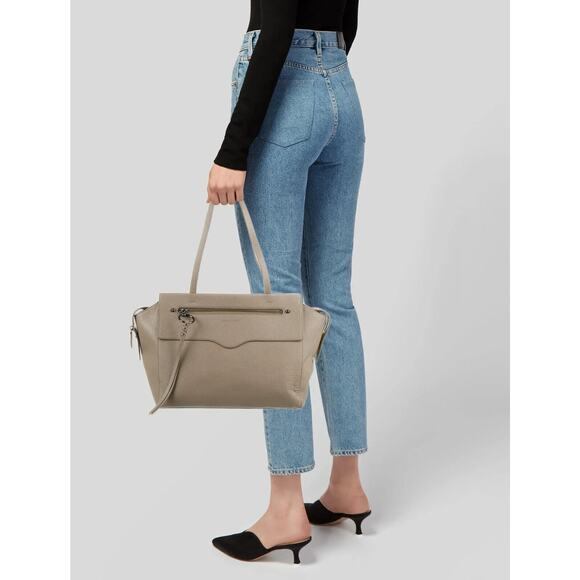Rebecca Minkoff Gabby Leather Satchel Tote Large Shoulder Bag Beige Clean Lined - Picture 2 of 16